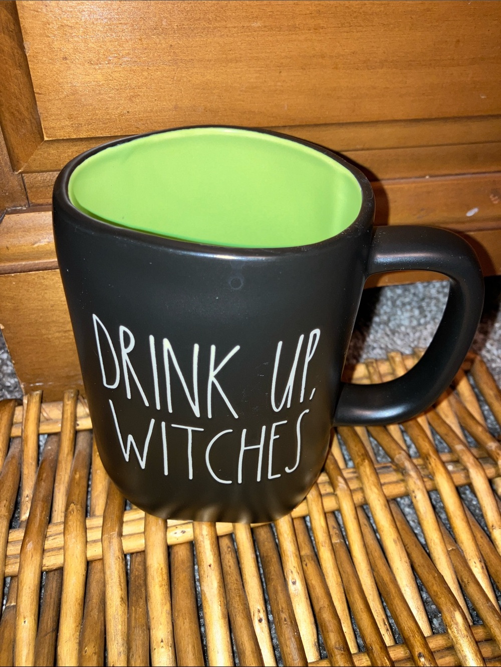 Rae Dunn Black Mug with Lime Green Interior - 'Drink Up, Witches'